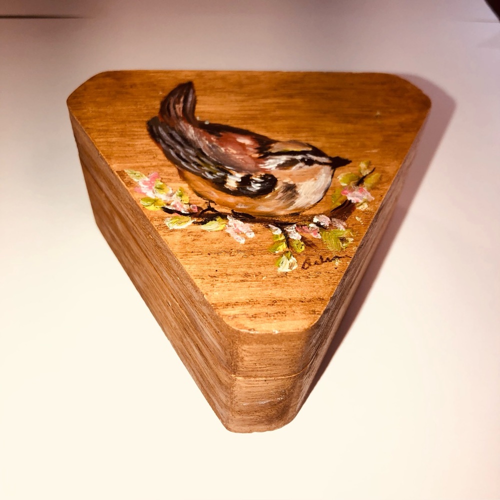 Wooden Triangular Treasure Trinket Box Hand painted Carolina Wren,Artist Unknown